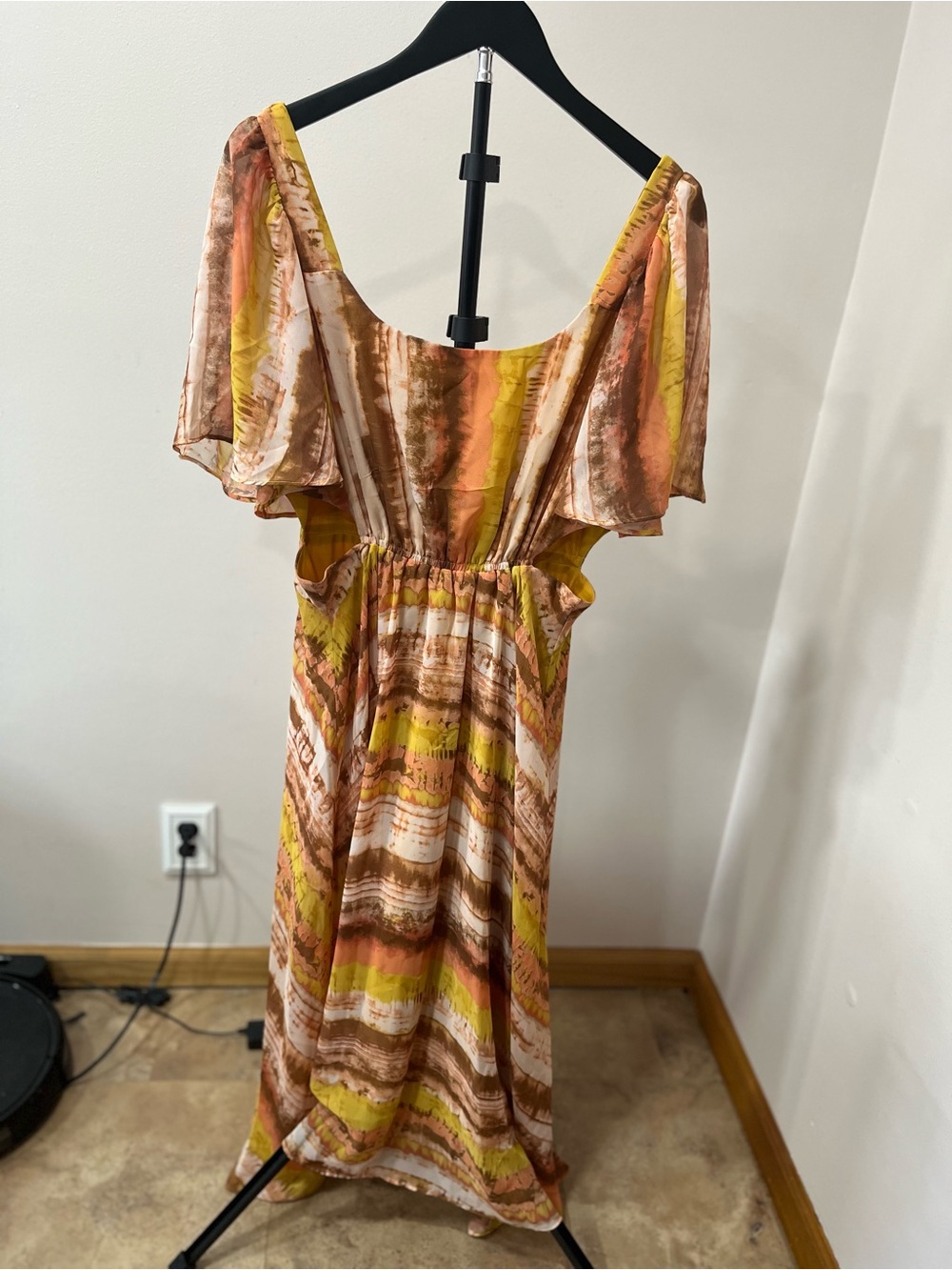 Taylor Yellow & Brown Striped Flutter Sleeve Maxi Dress
